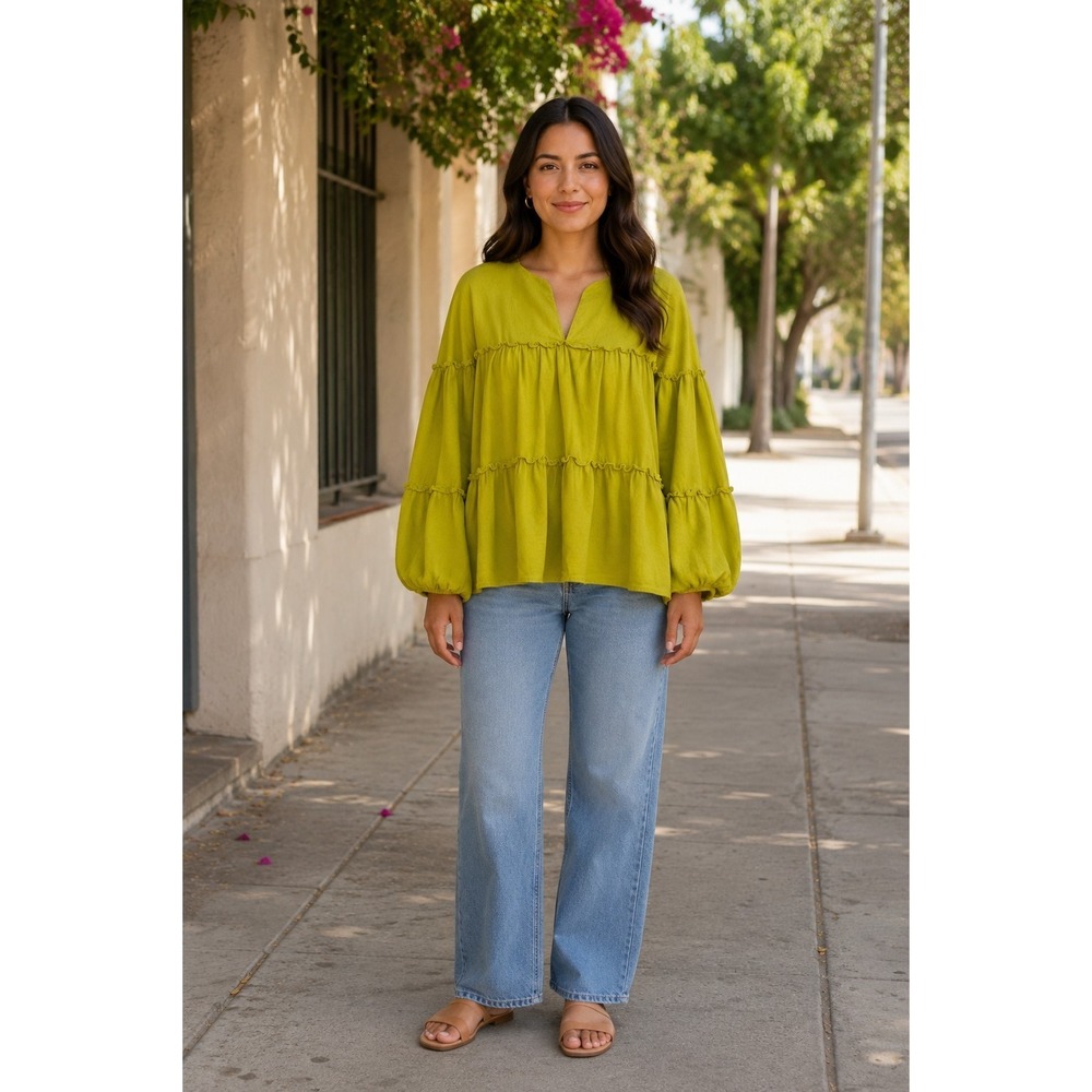 Marc New York Andrew Marc Linen Blend Tiered Peasant Blouse Top L Green BabyDoll